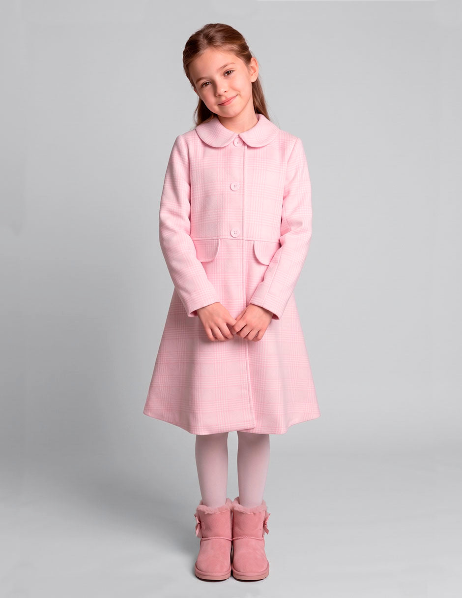Abrigo Rosa para Niña Gerat de Cuadros con Cuello Redondo