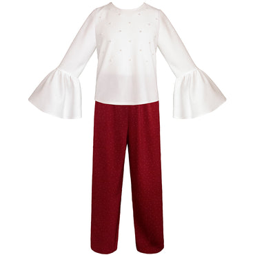 Conjunto de pantalón rojo con blusa hueso para niña Gerat