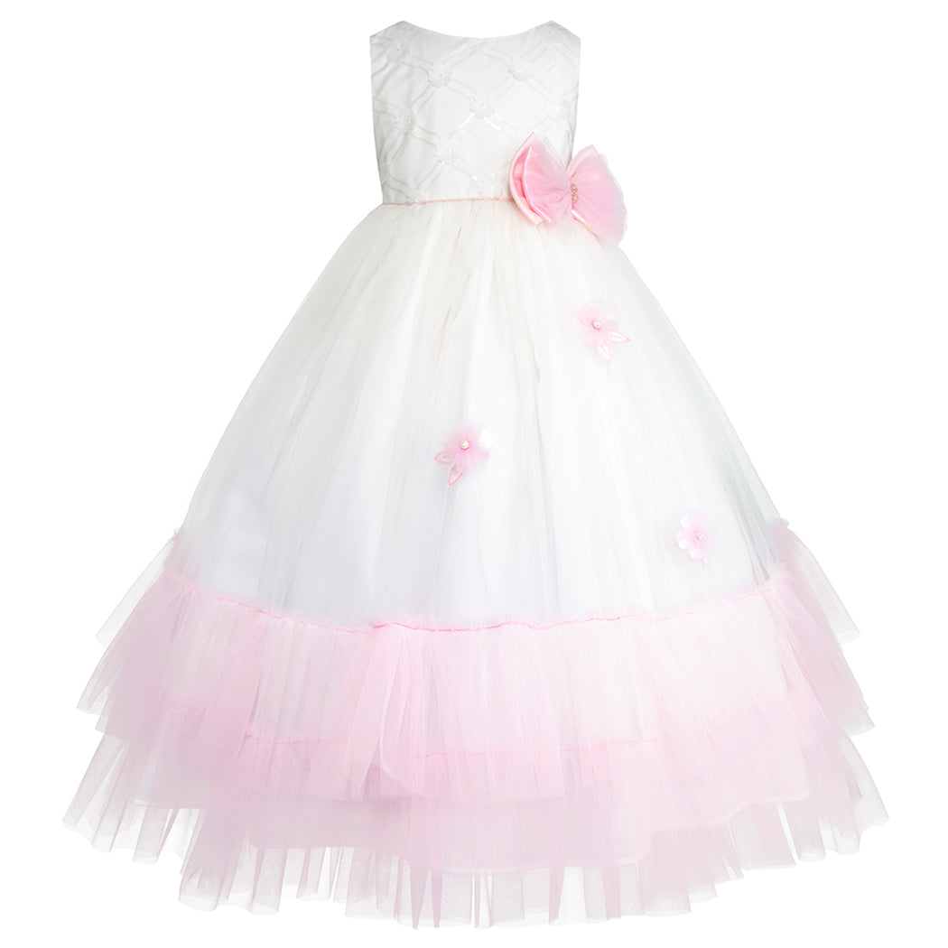 Vestido de Fiesta Blanco y Rosa con Tul y Flores – Gerat