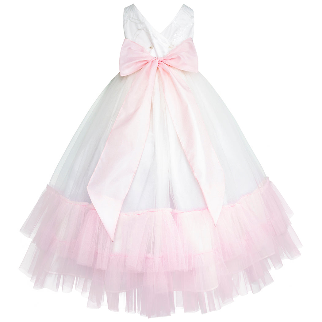 Vestido de Fiesta Blanco y Rosa con Tul y Flores – Gerat