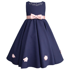 Vestido Azul Marino con Moño Rosa para Niñas 3-10 Años | Gerat