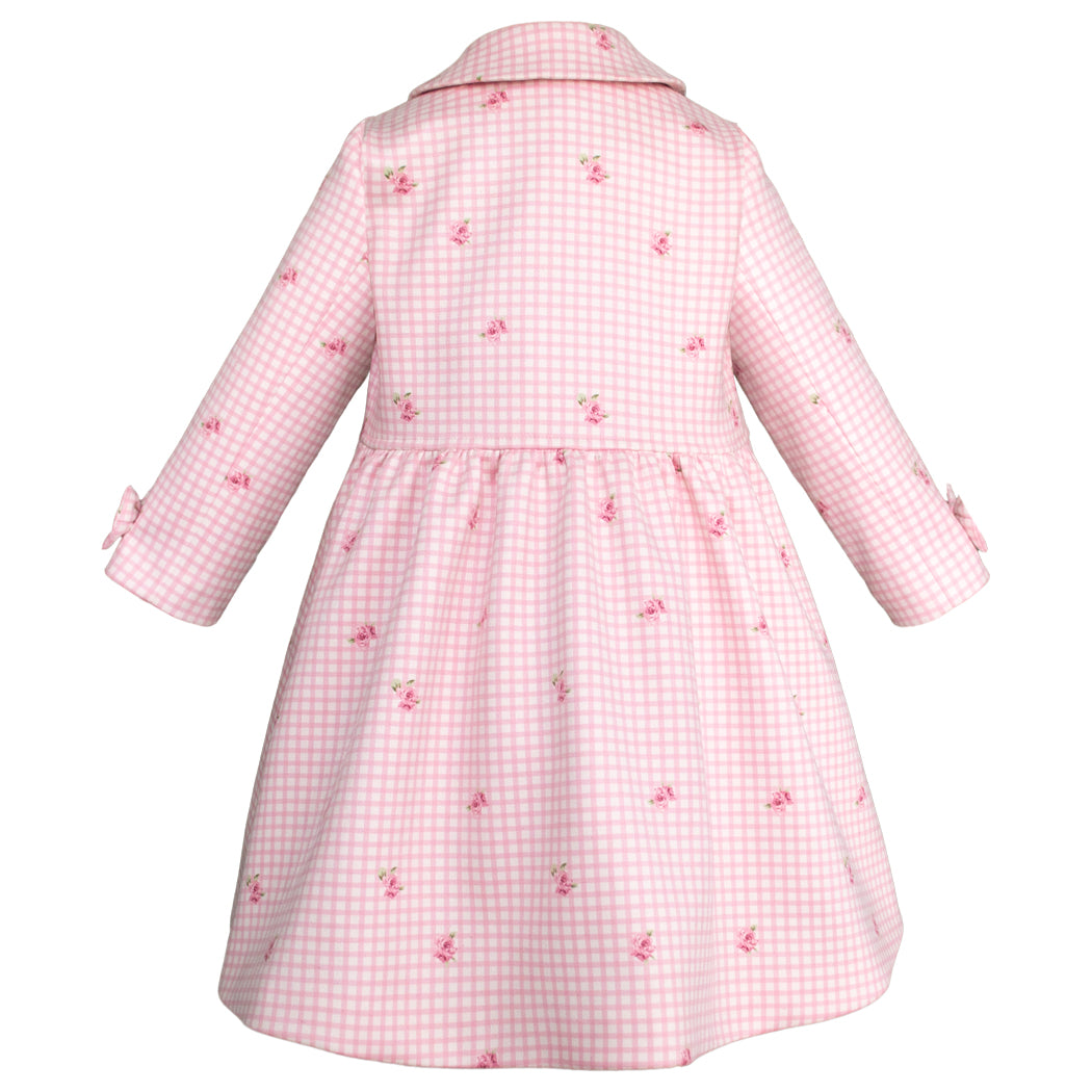 Conjunto para niña rosa con vestido blanco y abrigo estampado floral – Gerat