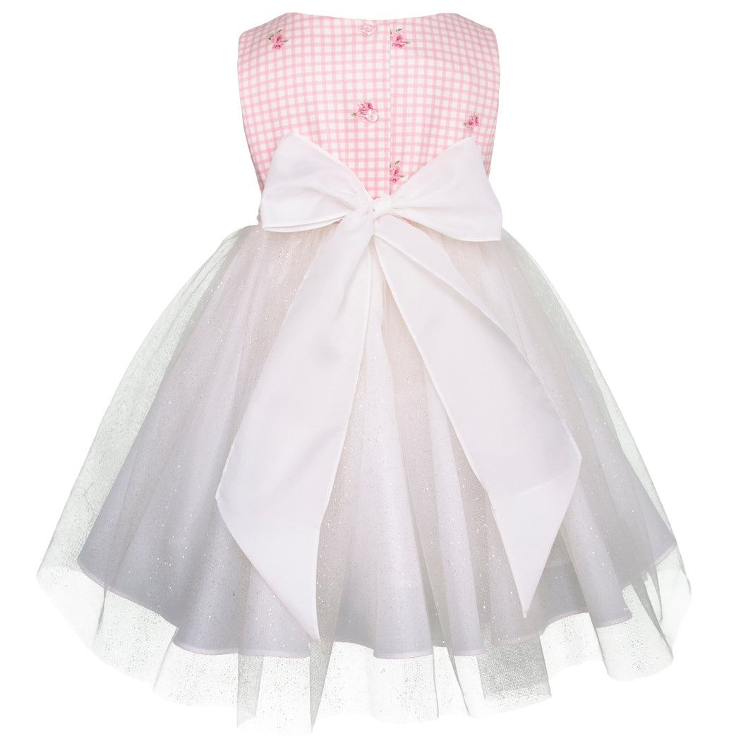 Conjunto para niña rosa con vestido blanco y abrigo estampado floral – Gerat