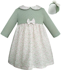 Vestido tejido con falda floreada y diadema para bebé niña Verde pastel Gerat