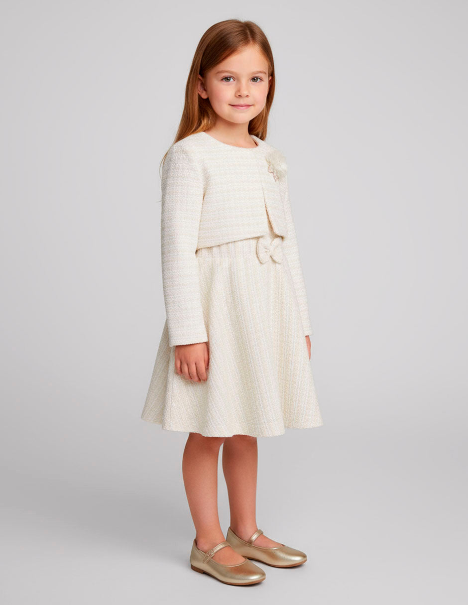 Conjunto Gerat para Niñas 3 Piezas Elegante: Saco, Blusa y Falda Tweed Marfil