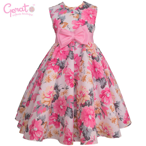 Vestido clasico para niñas con estampado de flores color rosa