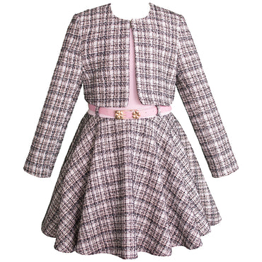 Conjunto blusa falda y saco color gris con rosa